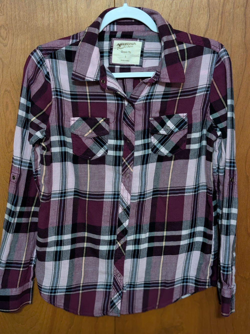 Arizona Jean Company Burgundy & Light Pink Plaid Button-Up Shirt